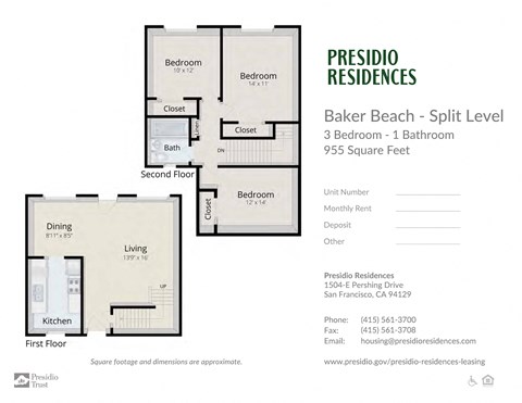 Floor plan for 3 beds, 1 bath, 955 sqft